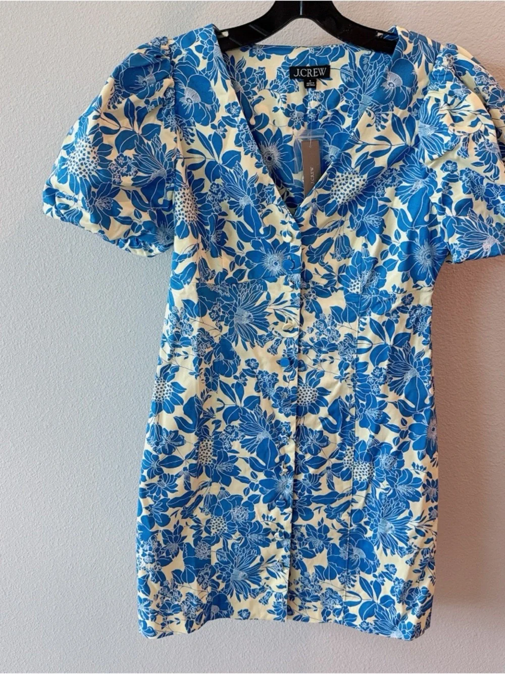 NWT J.CREW BUTTON-FRONT PUFF-SLEEVE MINI DRESS IN BLUE FLORAL